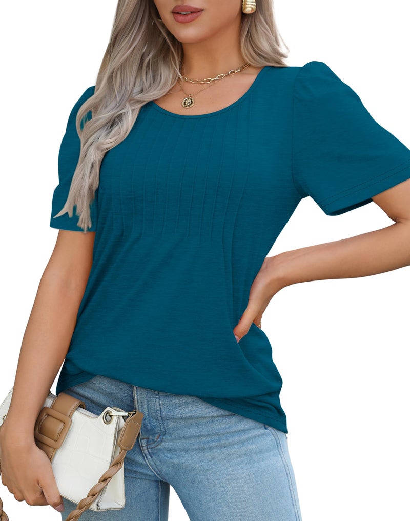 OFEEFAN Womens T Shirts Dressy Casual Short Sleeve Cute Summer Tops for Teachers Pleated Front Vacation Outfits Women Blouses Teal L - Image 3