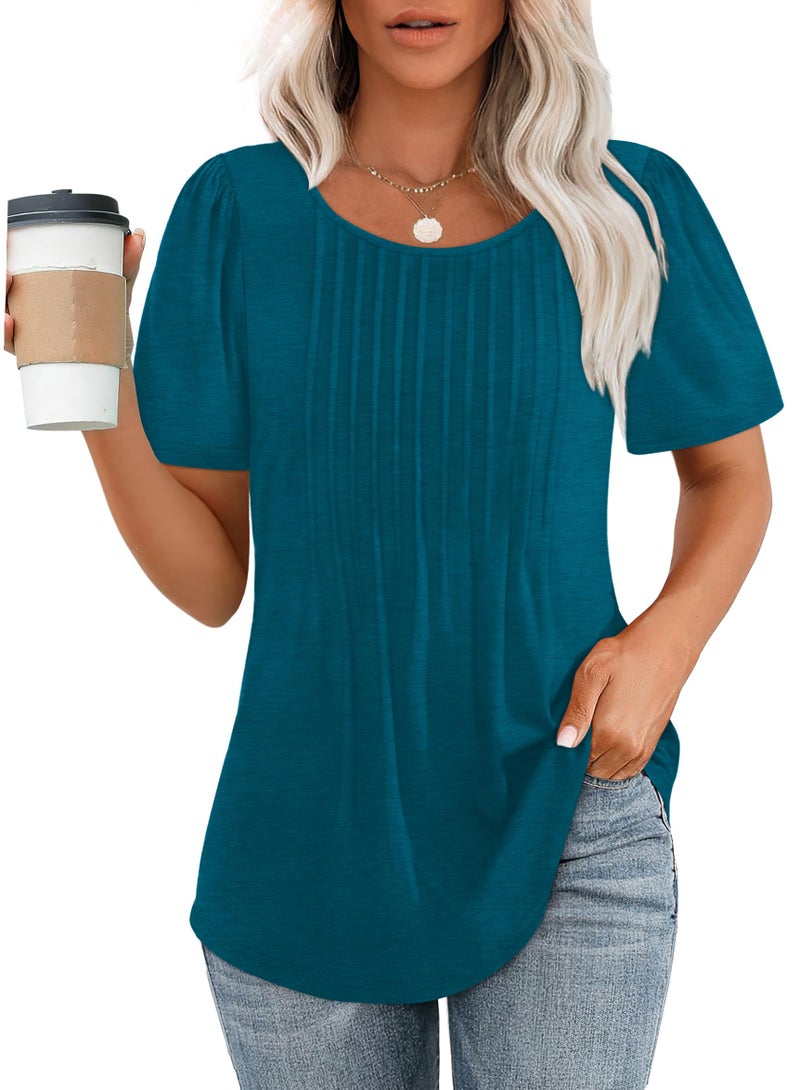 OFEEFAN Womens T Shirts Dressy Casual Short Sleeve Cute Summer Tops for Teachers Pleated Front Vacation Outfits Women Blouses Teal L - Image 1