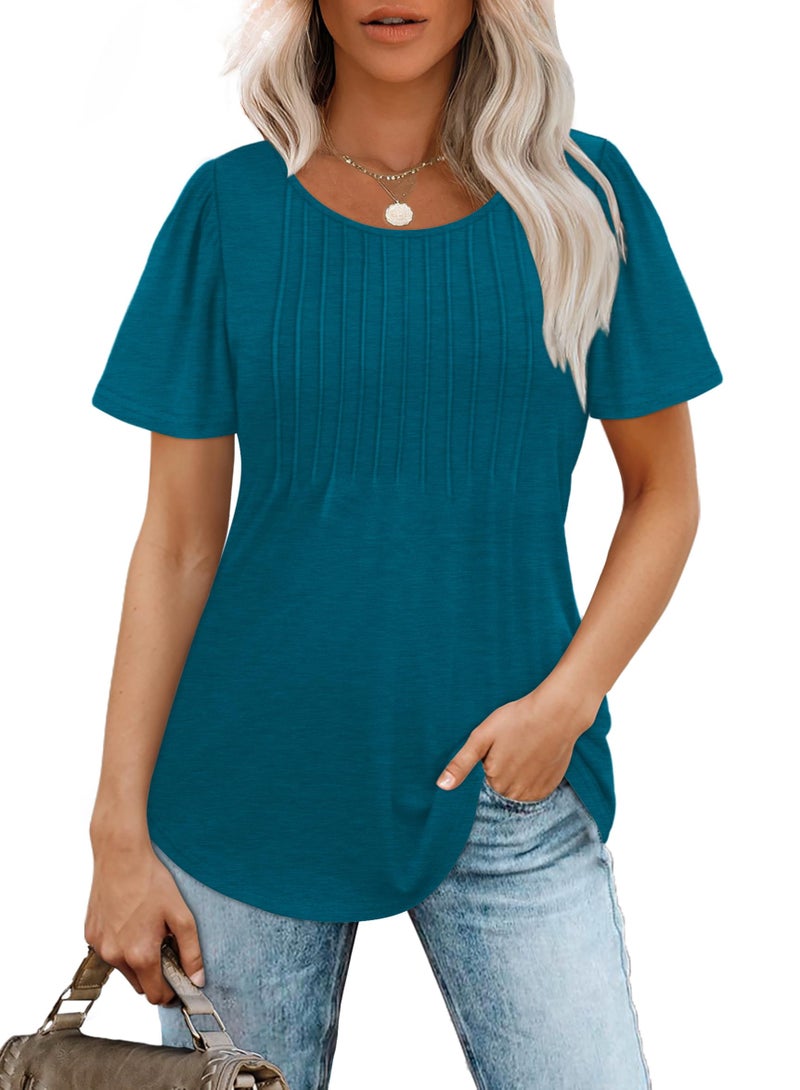 OFEEFAN Womens T Shirts Dressy Casual Short Sleeve Cute Summer Tops for Teachers Pleated Front Vacation Outfits Women Blouses Teal L - Image 2