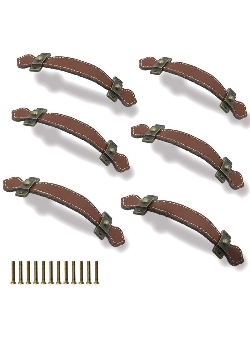 Oasisgalore 6-Pack 6.3" Brown Leather Drawer and Cabinet Handles, Vintage Style  - Image 2
