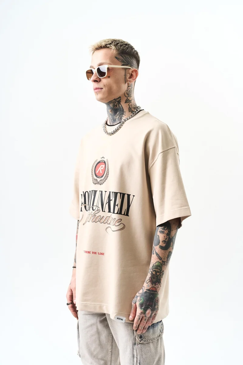 RESPIRE Men's Unfortunately Print Oversize T-Shirt, Beige