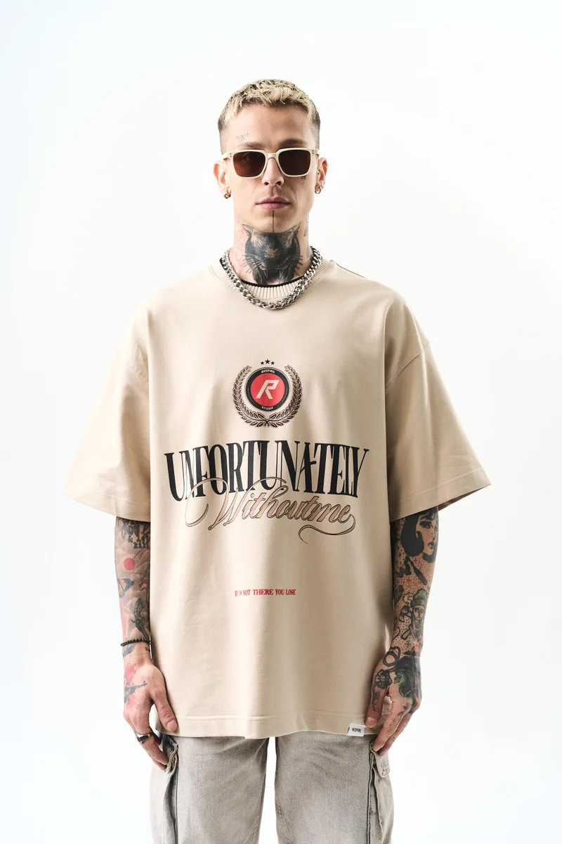 RESPIRE Men's Unfortunately Print Oversize T-Shirt, Beige
