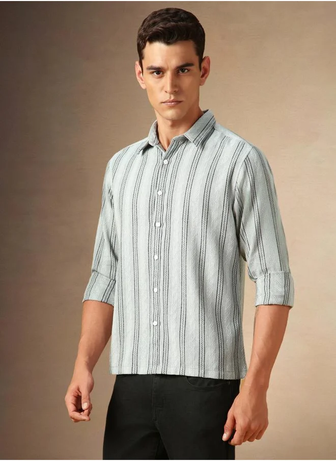 Dennis Lingo Grey Cotton Poly Regular Fit Striped Woven Spread Collar Full Sleeves Button Down Shirt for men - Make every day iconic