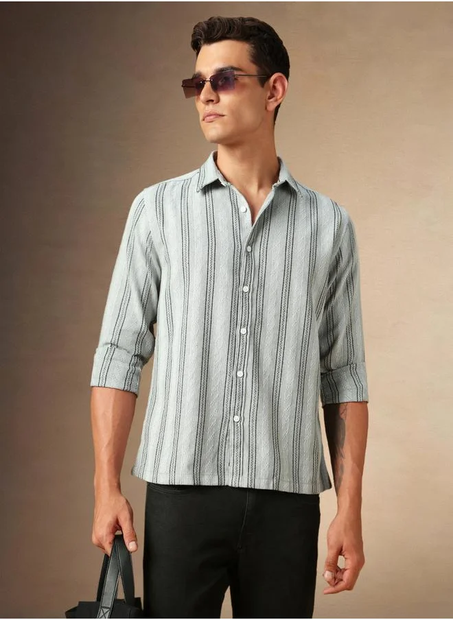 Dennis Lingo Grey Cotton Poly Regular Fit Striped Woven Spread Collar Full Sleeves Button Down Shirt for men - Make every day iconic