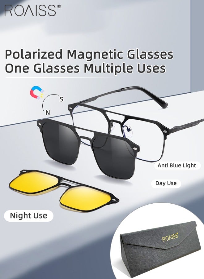 رويس مجموعة نظارات شمسية 3 في 1 مستقطبة مغناطيسية قابلة للتثبيت، نظارات حجب الضوء الأزرق مع عدسة مستقطبة مغناطيسية وعدسة رؤية ليلية مغناطيسية، نظارات قيادة متعددة الاستخدامات للاستخدام ليلاً ونهارًا للرجال - Image 1