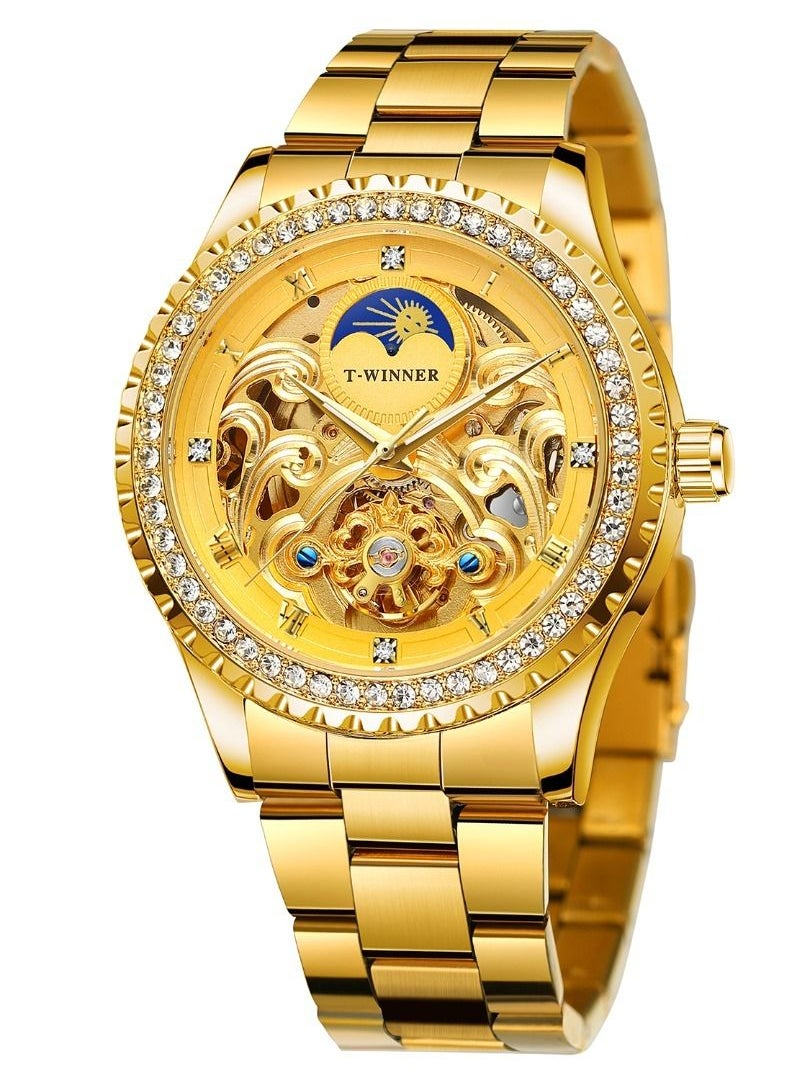 FORSINING Winner Men's Mechanical Waterproof Watch -Pure Gold Color with Moon Face-Transparent Diamond Dial-Stainless Steel Watch!  - Image 1