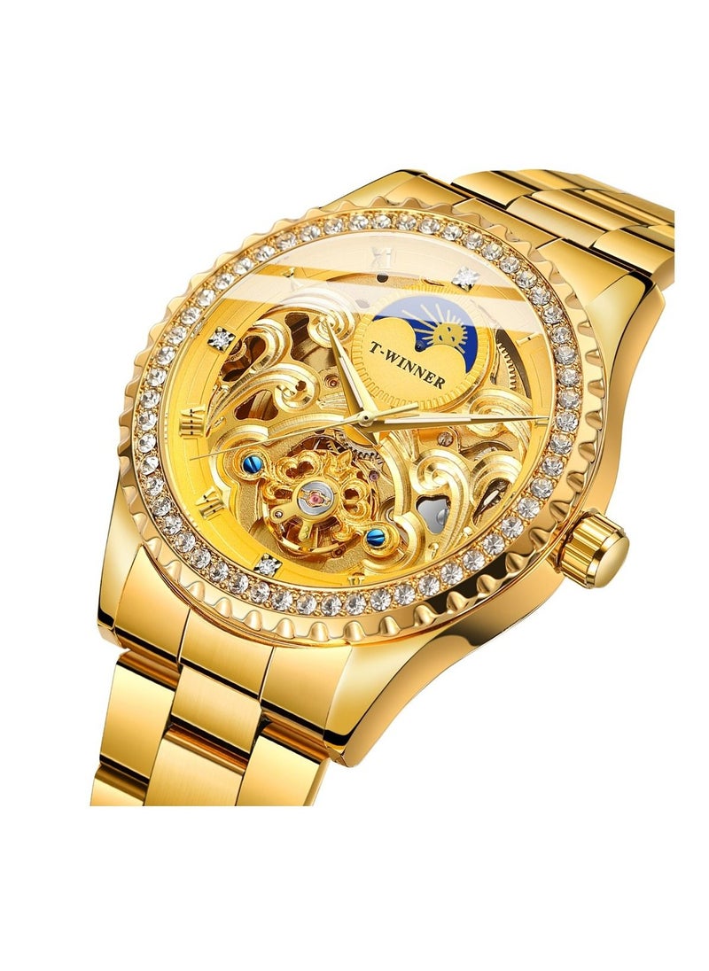 FORSINING Winner Men's Mechanical Waterproof Watch -Pure Gold Color with Moon Face-Transparent Diamond Dial-Stainless Steel Watch!  - Image 2