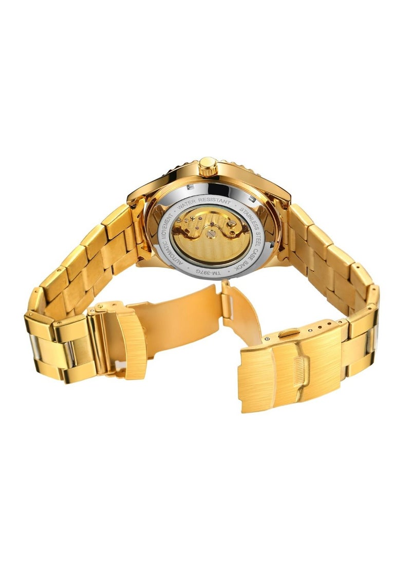 FORSINING Winner Men's Mechanical Waterproof Watch -Pure Gold Color with Moon Face-Transparent Diamond Dial-Stainless Steel Watch!  - Image 3