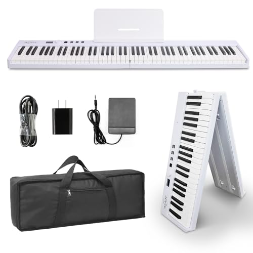 AiJoy 88-Key Piano Keyboard with Semi-Weighted Keys Portable Folding Piano, 128 Tones, Speakers, USB-MIDI, Carry-Bag, Sustain Pedal, Stand Electric Keyboard Piano for Beginners, White - Image 1