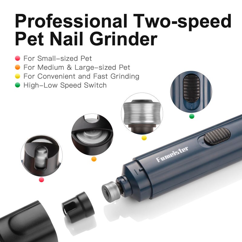 Fumeister Pet Nail Grinder for Dogs - Quiet 2-Speed Type-C Rechargeable Dog Nail Trimmer, Low Noise Paw Grooming for Dogs & Cats (Blue) - Image 2