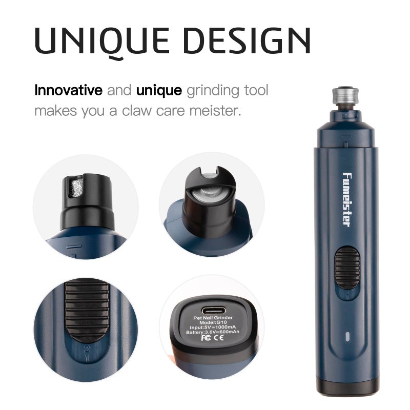 Fumeister Pet Nail Grinder for Dogs - Quiet 2-Speed Type-C Rechargeable Dog Nail Trimmer, Low Noise Paw Grooming for Dogs & Cats (Blue) - Image 3