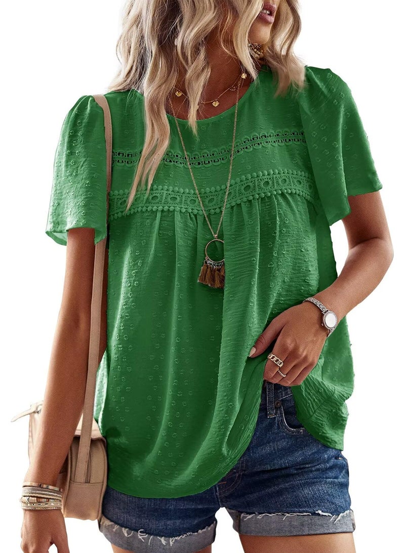 Falechay Womens Tops Dressy Casual Cute Summer Blouses for Women Flowy Bohemian Pullover Crewneck Short Sleeve Fall Kelly Green XL - Image 1