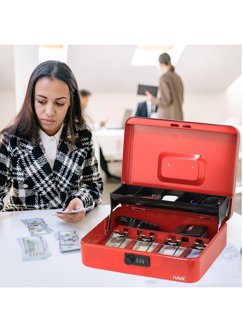 Rubik X-Large Cash Box with Combination Lock Money Tray Coin Slot Tray Steel Register For Business, Durable Portable Security Lockable Money Box Safe for Cash Storage (Red) - Image 3