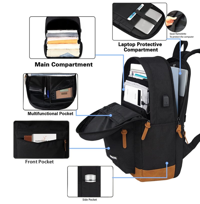 SUPACOOL Lightweight Laptop Backpack with USB Charging Port for Men and Women, Double Layers Backpack for College, Work, Travel, Casual(Black and brown) - Image 3