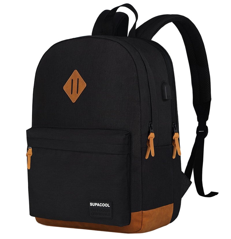 SUPACOOL Lightweight Laptop Backpack with USB Charging Port for Men and Women, Double Layers Backpack for College, Work, Travel, Casual(Black and brown) - Image 1