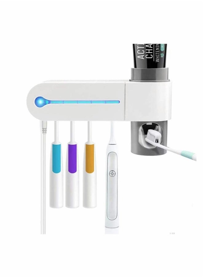 UV Toothbrush Holder, Wall-Mounted Automatic Toothpaste Dispenser Set with USB Rechargeable Feature & 5 Toothbrush Storage Slots