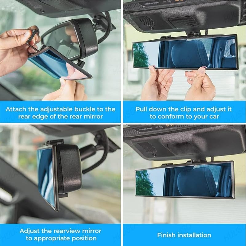 HUUSO Rear View Mirror, Clip On Rear View Wide Angle Mirror, Panoramic Interior Extended Rear View Mirror, Anti-Glare, Blue Tint Compatible with Tata Tigor New - Image 3