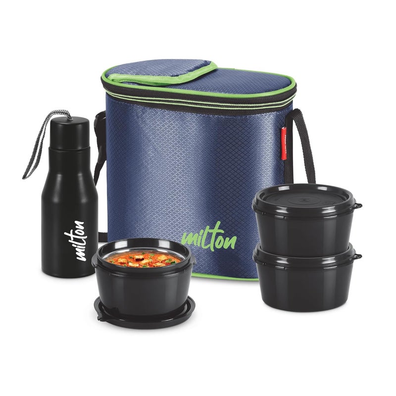 Milton MILTON Arista Lunch Box with Steel Cutlery, 3 Microwave Safe Inside Steel Containers with BPA Free Lids 320 ml Each, 1 Stainless Steel Bottle, 475 ml, Blue - Image 1
