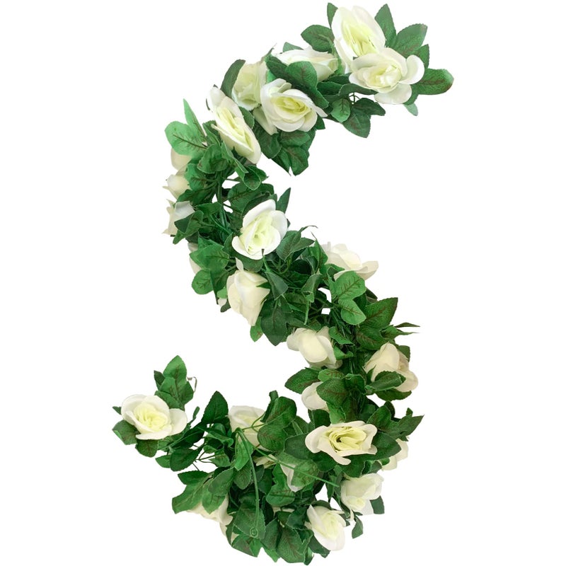 MUYG 2 Pack Artificial Rose Vine Garland Fake Roses Flowers Plants Vines Hanging Floral Leaves Decoration for Wedding Party Table Garden Arch Wall Home Room DecorWhite