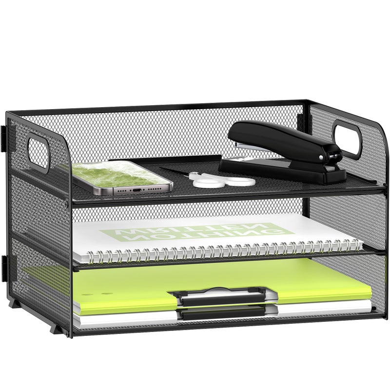 Daltack 3-Tier Paper Organizer with Handle, Mesh Desk Organizer Letter Tray, Paper Tray Organizer File Organizer for A4 File Folder, Black - Image 1