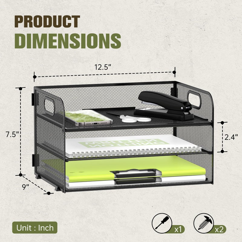 Daltack 3-Tier Paper Organizer with Handle, Mesh Desk Organizer Letter Tray, Paper Tray Organizer File Organizer for A4 File Folder, Black - Image 3