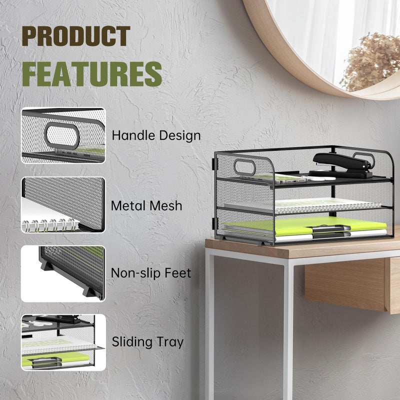 Daltack 3-Tier Paper Organizer with Handle, Mesh Desk Organizer Letter Tray, Paper Tray Organizer File Organizer for A4 File Folder, Black - Image 4