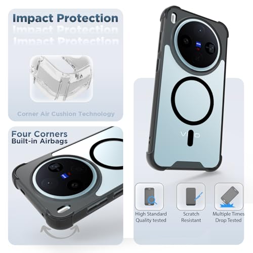 RIGGEAR Shockproof Clear Hybrid Airbag Armor Magnetic Back Cover Case Compatible with MagSafe Accessories for Vivo X300 5G (Clear-Black TPU Bumper + Transparent PC)(Black) - Image 3