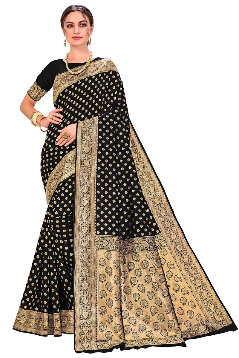 Glory Sarees Women's Woven Pure Soft Kanjivaram Silk Saree Banarasi Style With Blouse Piece for Wedding (kara128_Black) - Image 1