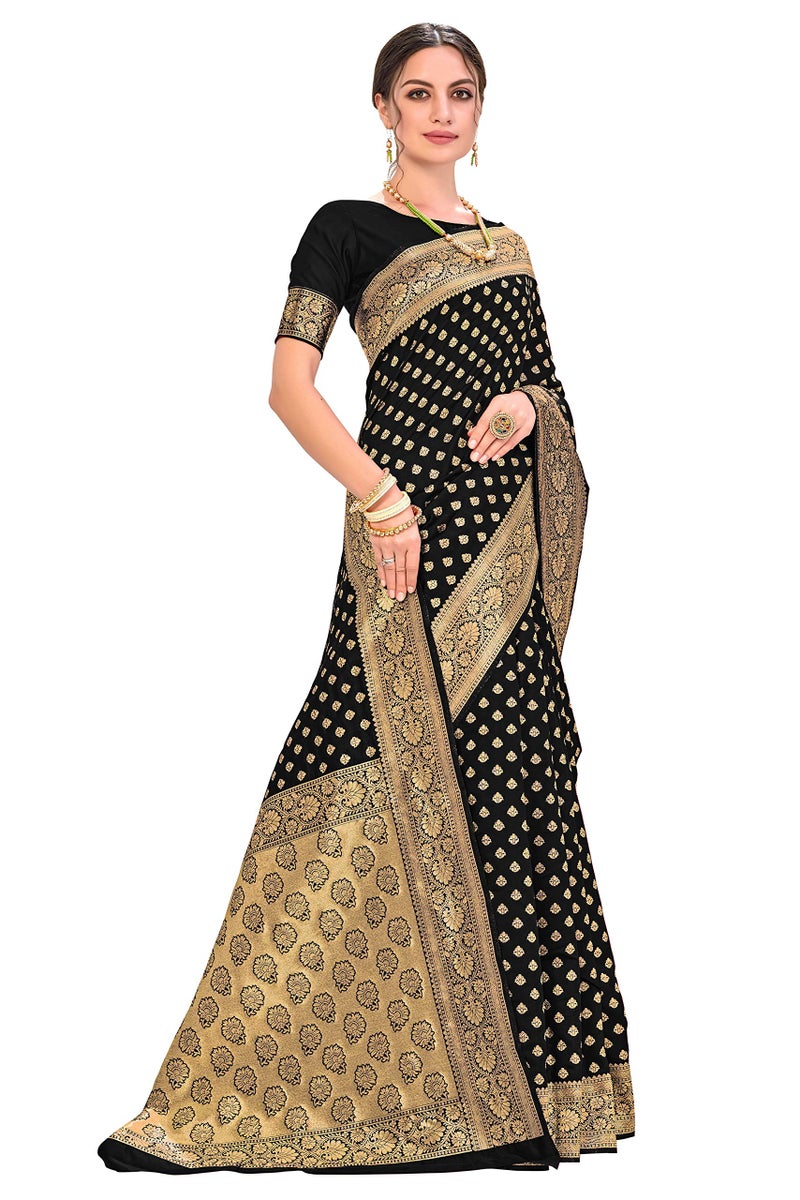 Glory Sarees Women's Woven Pure Soft Kanjivaram Silk Saree Banarasi Style With Blouse Piece for Wedding (kara128_Black) - Image 4