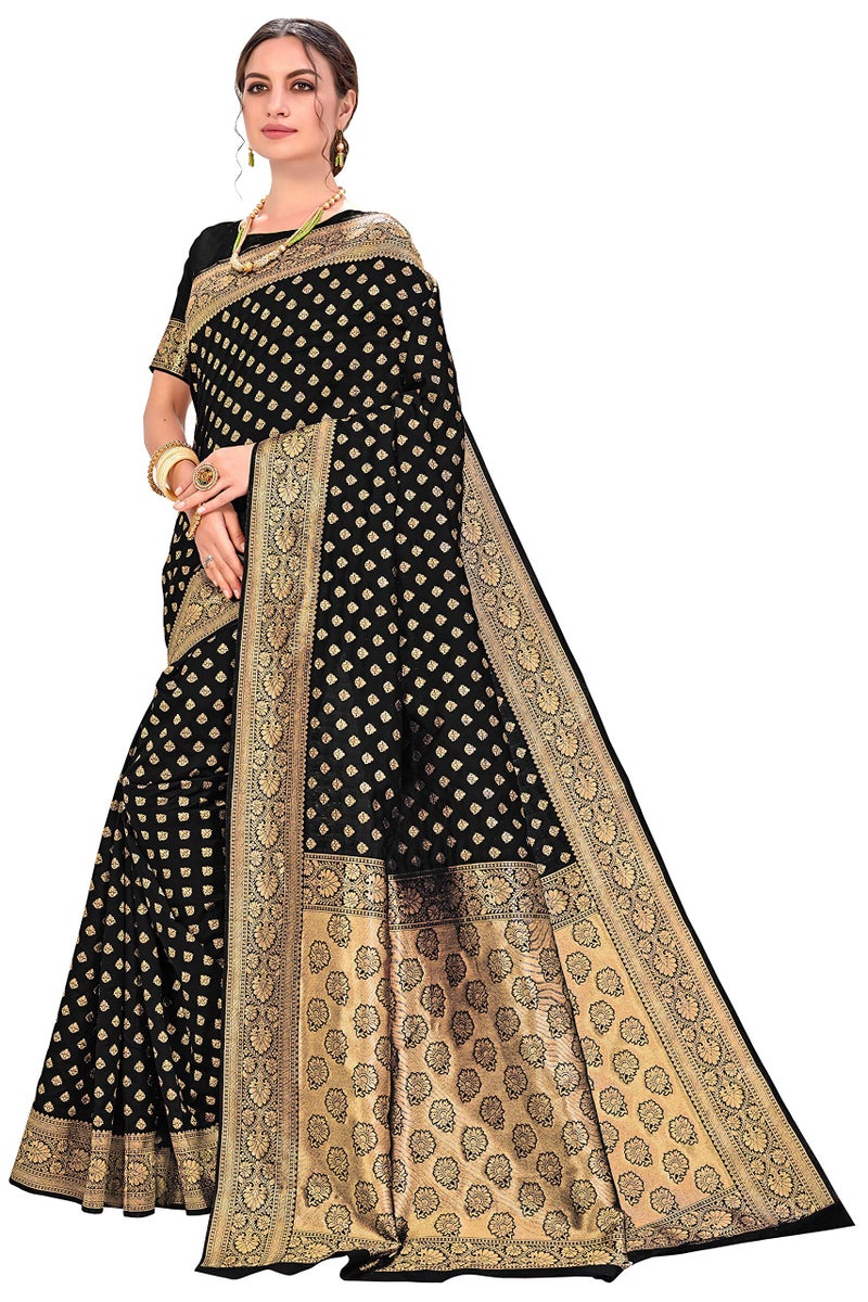 Glory Sarees Women's Woven Pure Soft Kanjivaram Silk Saree Banarasi Style With Blouse Piece for Wedding (kara128_Black) - Image 2