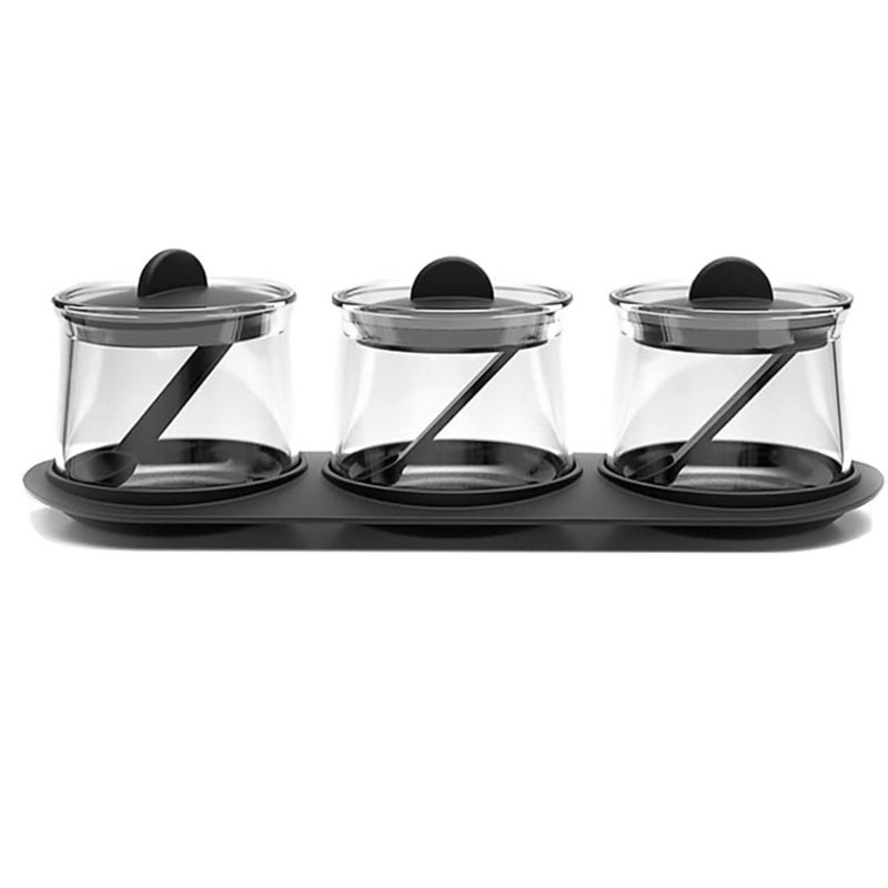KRIVAL Glass Condiment Spice Jar With Lids Spoons and Tray Condiment Canisters Pots for Kitchen Use Containers for Suger Tea Coffee Salt Pepper and Spices - Image 1
