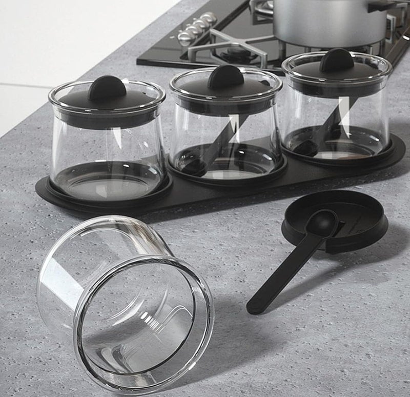 KRIVAL Glass Condiment Spice Jar With Lids Spoons and Tray Condiment Canisters Pots for Kitchen Use Containers for Suger Tea Coffee Salt Pepper and Spices - Image 4