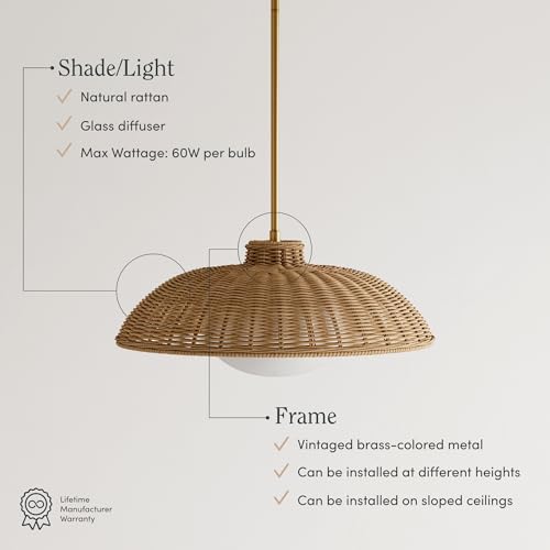 Nathan James Belleville Boho Rattan Pendant Light with Diffuser, Sloped Ceiling Pendant Light with Rattan Shade and Glass Diffuser - Image 4