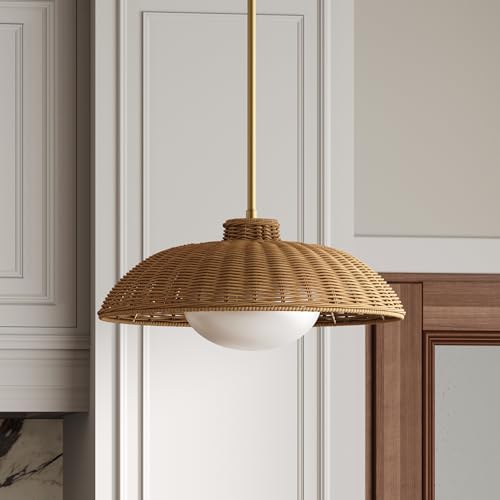 Nathan James Belleville Boho Rattan Pendant Light with Diffuser, Sloped Ceiling Pendant Light with Rattan Shade and Glass Diffuser - Image 1