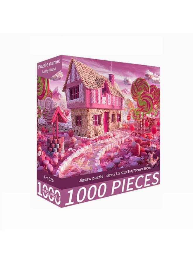 1000pcs adult cartoon puzzle, cartoon drawing challenge puzzle, suitable for family activities, game nights, gifts to relieve stress, candy house - Image 1