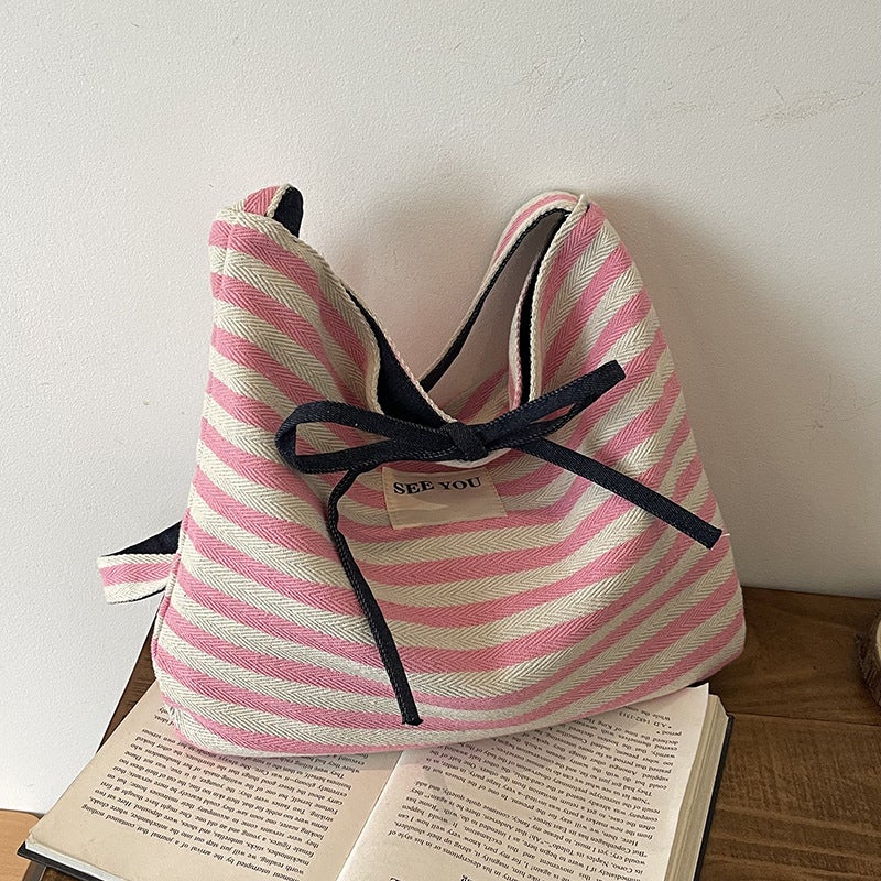 Casual Large Capacity Striped Canvas Bag Women'S Summer Commuter All-Match Crossbody Bag Shoulder Tote Bag - Image 1