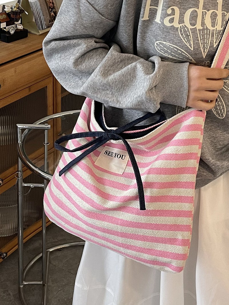 Casual Large Capacity Striped Canvas Bag Women'S Summer Commuter All-Match Crossbody Bag Shoulder Tote Bag - Image 4