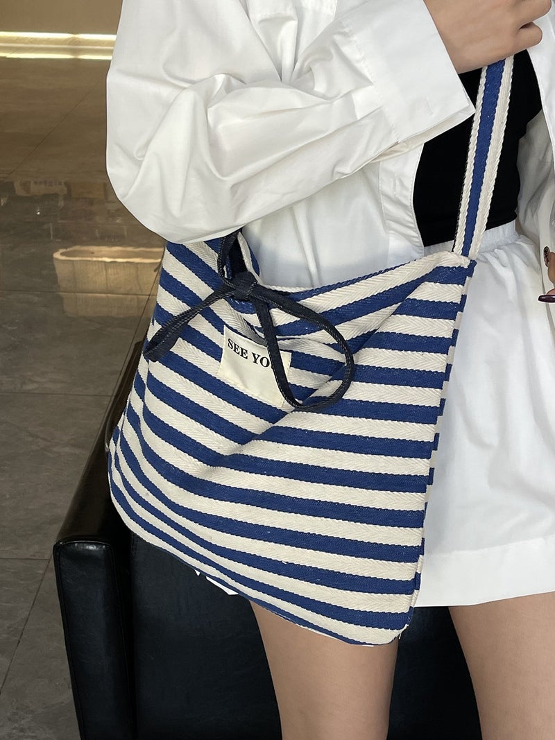 Casual Large Capacity Striped Canvas Bag Women'S Summer Commuter All-Match Crossbody Bag Shoulder Tote Bag - Image 5