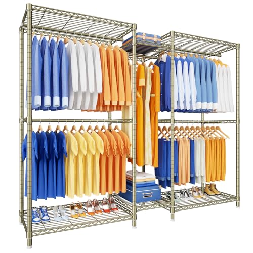 Ulif E12 Pro Clothes Rack，Heavy Duty Freestanding Garment Rack with Shelves，Metal Clothing Closet Storage System for Hanging Clothes，71" W x 16" D x 76.5" H, Hold 960 lbs，Gold - Image 1