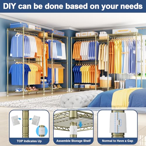 Ulif E12 Pro Clothes Rack，Heavy Duty Freestanding Garment Rack with Shelves，Metal Clothing Closet Storage System for Hanging Clothes，71" W x 16" D x 76.5" H, Hold 960 lbs，Gold - Image 4