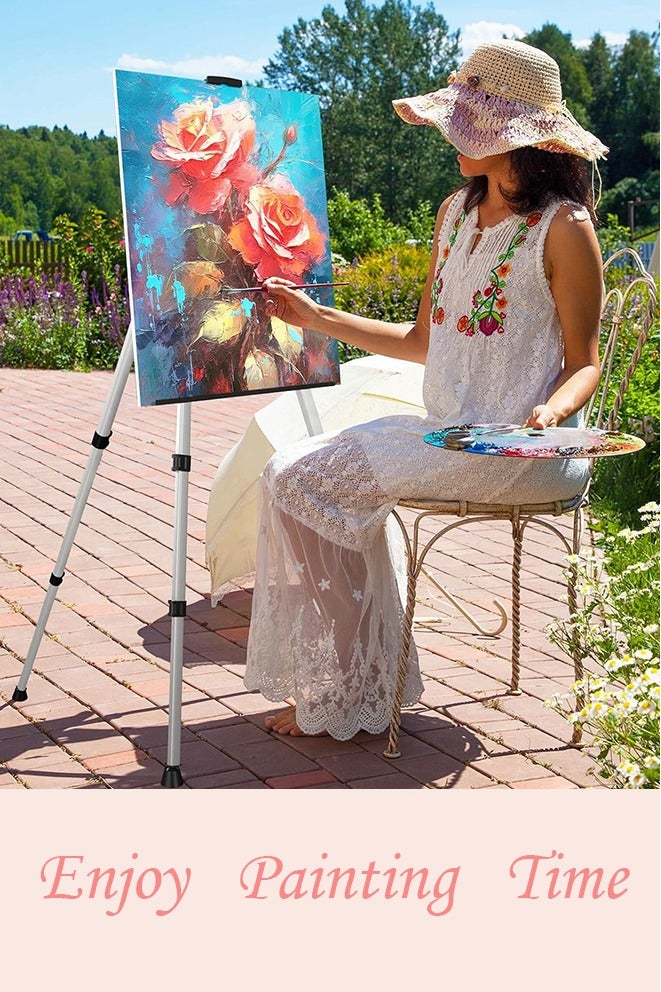 عظيم حامل عرض لوحات فنية - حامل ثلاثي القوائم محمول قابل للتعديل من الألومنيوم المعدني مع حقيبة، ارتفاع من 17 بوصة إلى 66 بوصة، متين للغاية للرسم والرسم والعرض على سطح الطاولة/الأرضية، لون فضي - Image 2