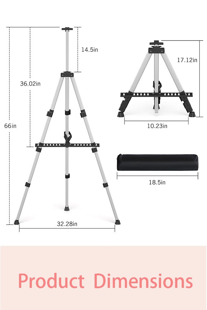 عظيم حامل عرض لوحات فنية - حامل ثلاثي القوائم محمول قابل للتعديل من الألومنيوم المعدني مع حقيبة، ارتفاع من 17 بوصة إلى 66 بوصة، متين للغاية للرسم والرسم والعرض على سطح الطاولة/الأرضية، لون فضي - Image 3