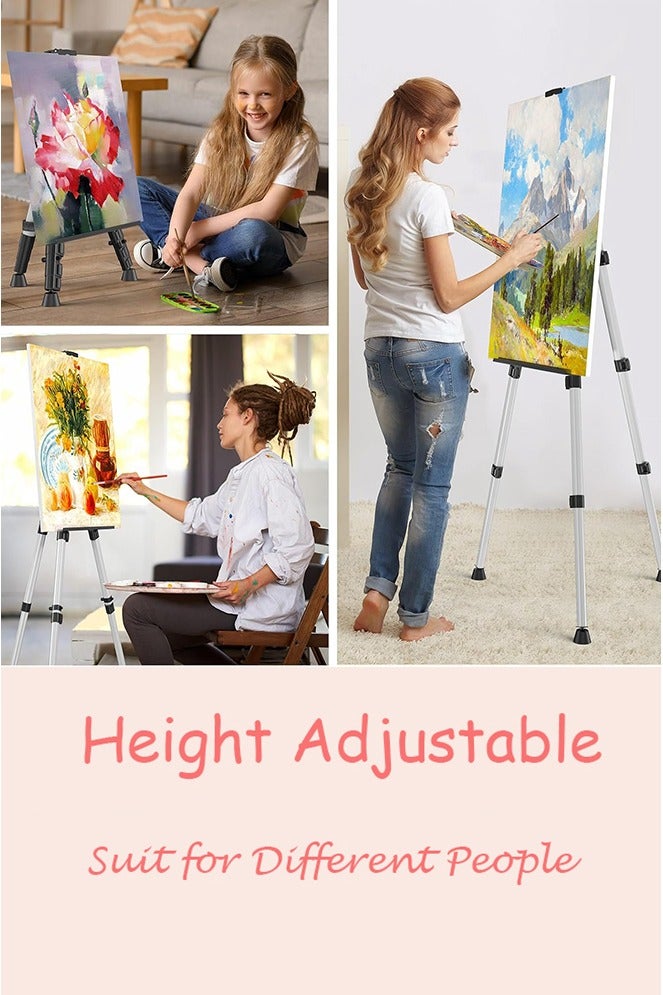 عظيم حامل عرض لوحات فنية - حامل ثلاثي القوائم محمول قابل للتعديل من الألومنيوم المعدني مع حقيبة، ارتفاع من 17 بوصة إلى 66 بوصة، متين للغاية للرسم والرسم والعرض على سطح الطاولة/الأرضية، لون فضي - Image 4