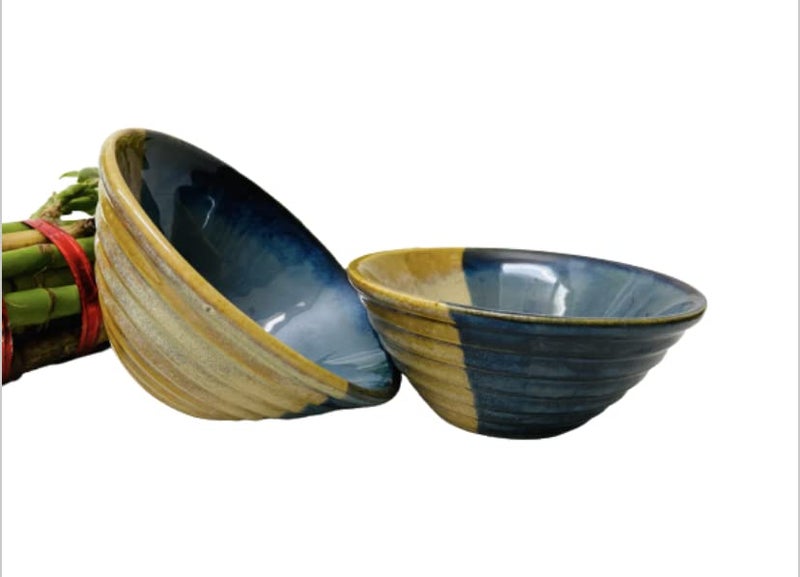 ALTAICA Ceramic Soup Bowls Set of 2 Handcrafted Dual Glazed Studio Pottery Snack Serving Bowl, Bowl Set for Gift Serving for Soup, Dessert,Dish, Multicolour, Striped Design -300 ml - Image 2