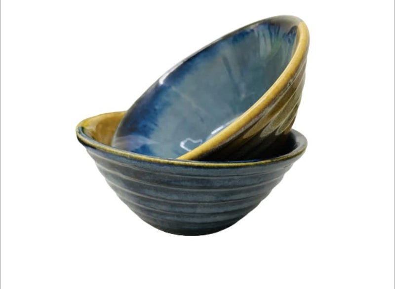 ALTAICA Ceramic Soup Bowls Set of 2 Handcrafted Dual Glazed Studio Pottery Snack Serving Bowl, Bowl Set for Gift Serving for Soup, Dessert,Dish, Multicolour, Striped Design -300 ml - Image 3