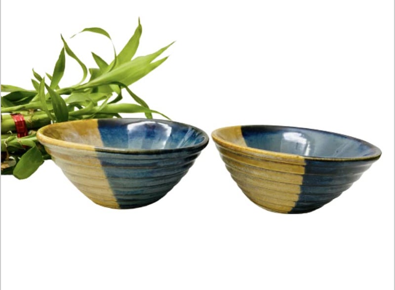 ALTAICA Ceramic Soup Bowls Set of 2 Handcrafted Dual Glazed Studio Pottery Snack Serving Bowl, Bowl Set for Gift Serving for Soup, Dessert,Dish, Multicolour, Striped Design -300 ml - Image 1