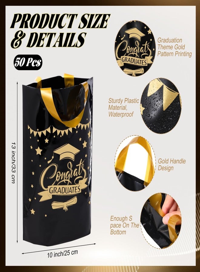 Kolldenn 50 Pcs Graduation Gift Bags 2026 Bulk Goodie Bags with Handles Congrats Grad Reusable Plastic Graduation Favors for Guests Gift Wrapping College High School (Black Gold - Image 2