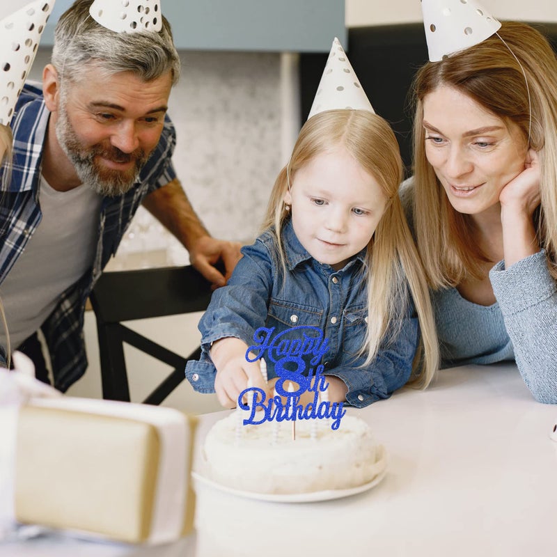 RSSTARXI 1 حزمة سعيدة كعكة عيد الميلاد الثامنة ، توببر بريق 8 & هتافات رائعة إلى 8 سنوات ، كعكة عيد ميلاد للاحتفال بزخارف كعكة الذكرى الثامنة اللوازم الأزرق الأزرق العميق - Image 4