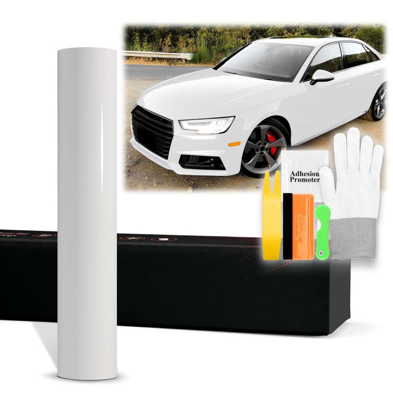 20x60 16FTx5FT PET Super Gloss White High Glossy Vinyl Wrap Auto Car Sticker Decal Film Sheet Bubble Free Air Release Technology with Tool Kit