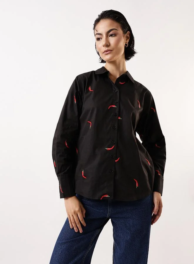 هوبرهولمي قميص نسائي أسود قطن % مطرز بأزرار مقاس كبير